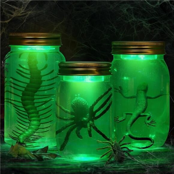 Specimen Jars Halloween Decor - 3 PCS DIY Mason Jars Light-up by Remote Control - Picture 3 of 8